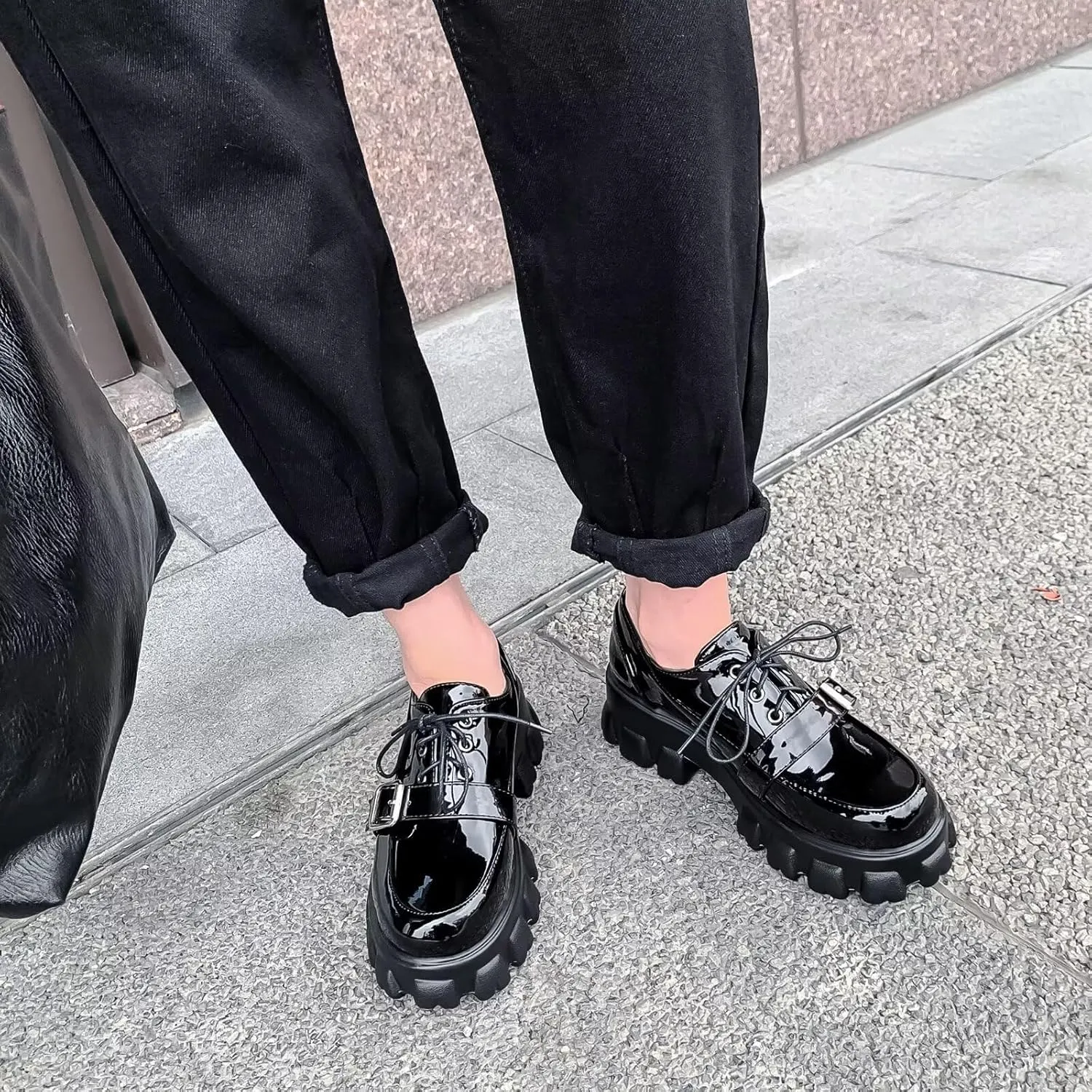 Agodor Women's Goth Chunky Heel Platform Loafers Round Toe Gothic Uniform Dress Shoes