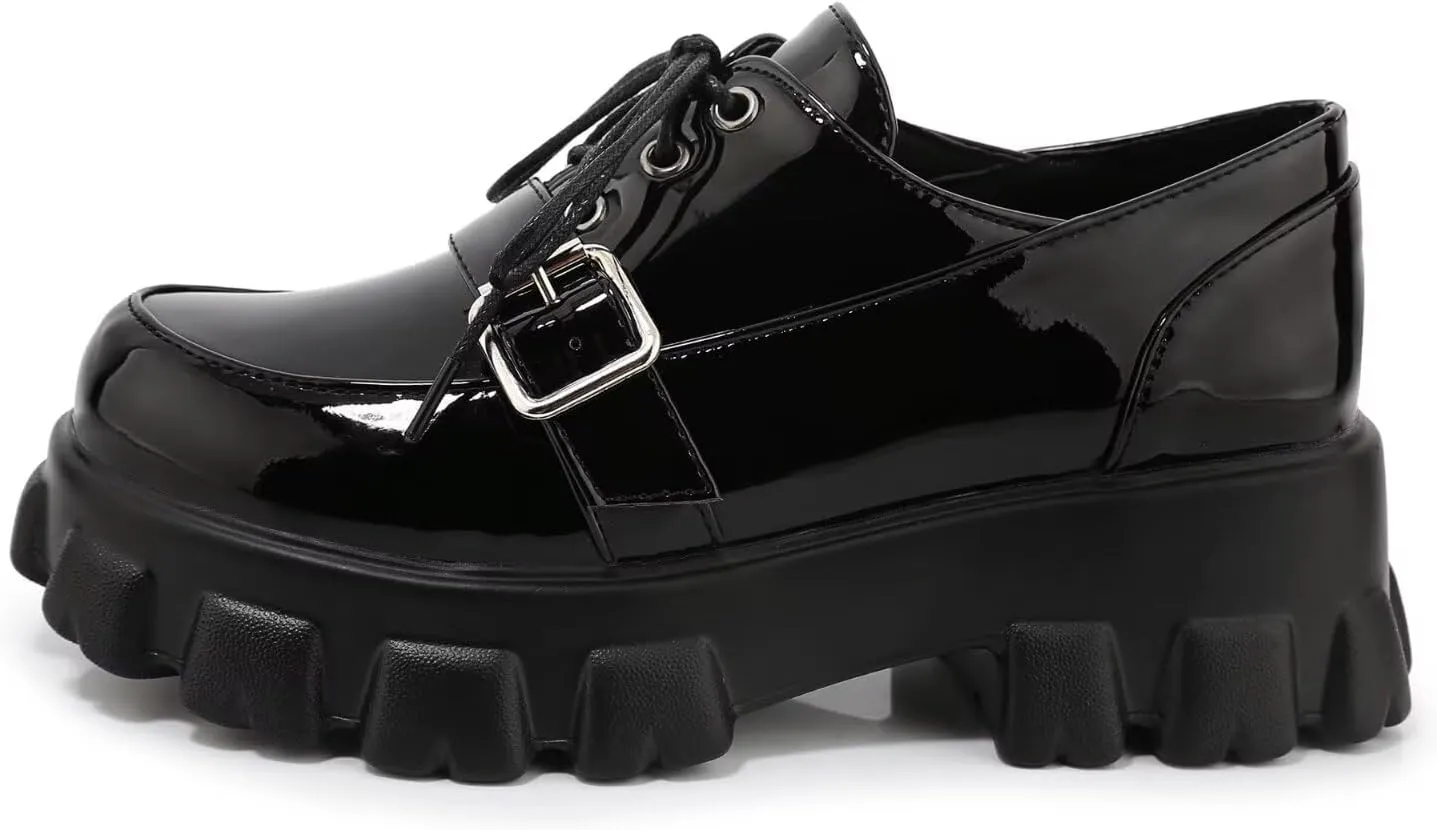Agodor Women's Goth Chunky Heel Platform Loafers Round Toe Gothic Uniform Dress Shoes