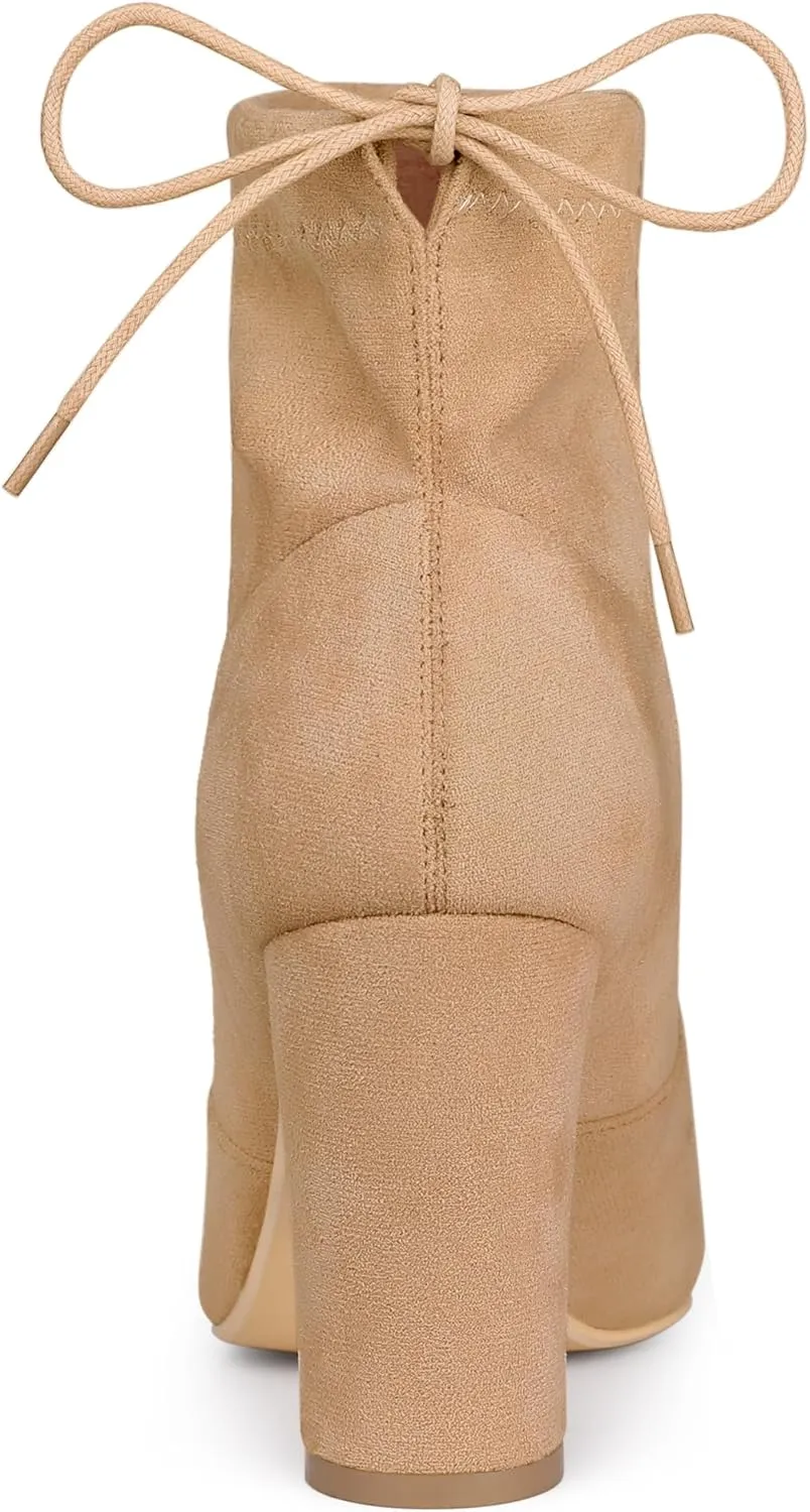 Allegra K Women's Pointed Toe Drawstring Pull on Block Heel Ankle Boots