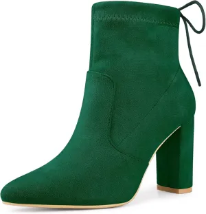 Allegra K Women's Pointed Toe Drawstring Pull on Block Heel Ankle Boots