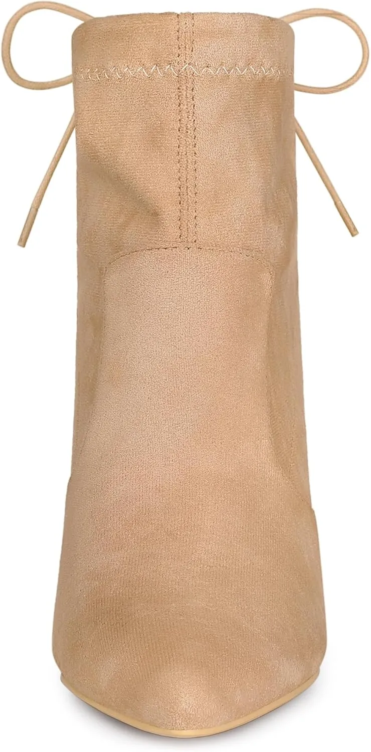 Allegra K Women's Pointed Toe Drawstring Pull on Block Heel Ankle Boots