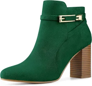Allegra K Women's Round Toe Buckle Chunky Heels Ankle Boots