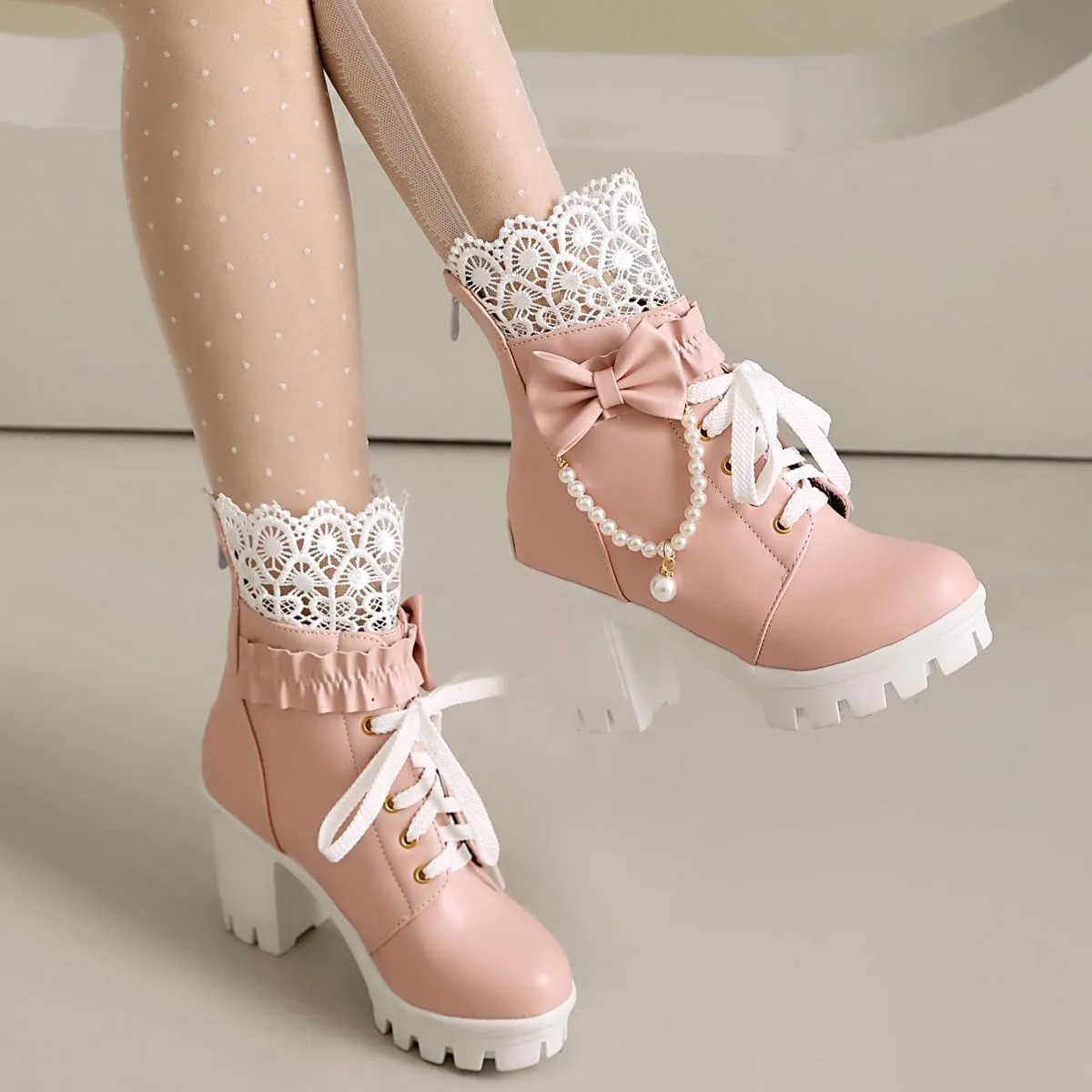 BEAUPAS Women's Platform Ankle Boots with Lace Pearl Chain Bow Chunky High Heel Goth Combat Boots