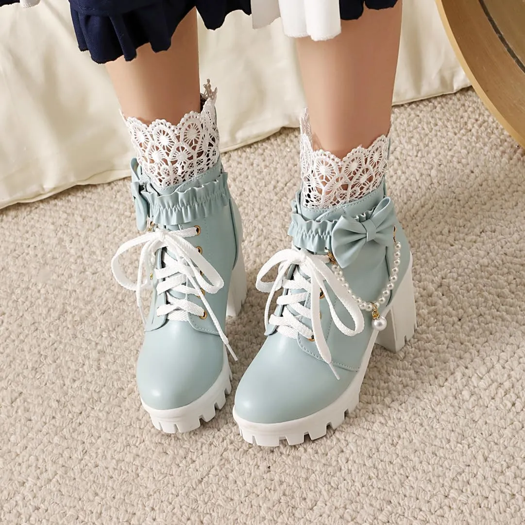 BEAUPAS Women's Platform Ankle Boots with Lace Pearl Chain Bow Chunky High Heel Goth Combat Boots