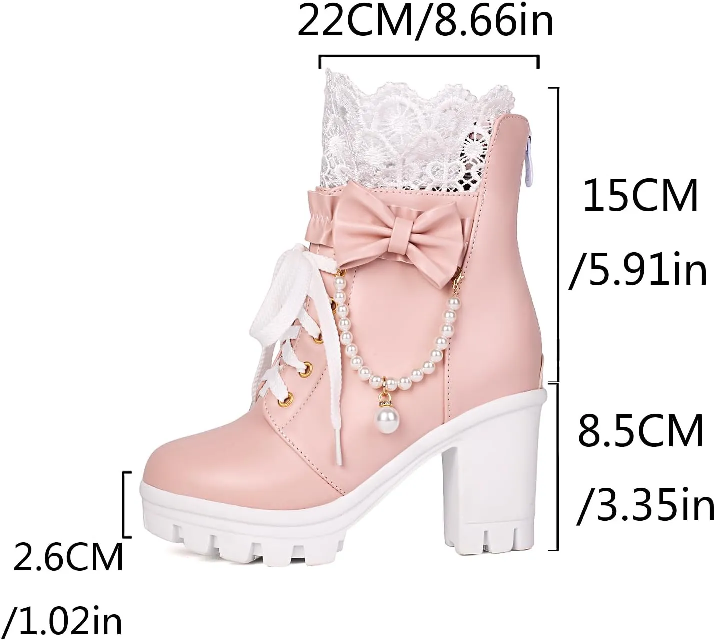 BEAUPAS Women's Platform Ankle Boots with Lace Pearl Chain Bow Chunky High Heel Goth Combat Boots