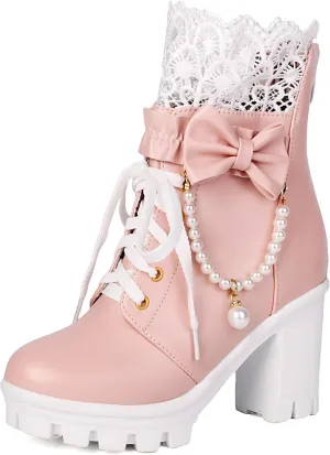 BEAUPAS Women's Platform Ankle Boots with Lace Pearl Chain Bow Chunky High Heel Goth Combat Boots