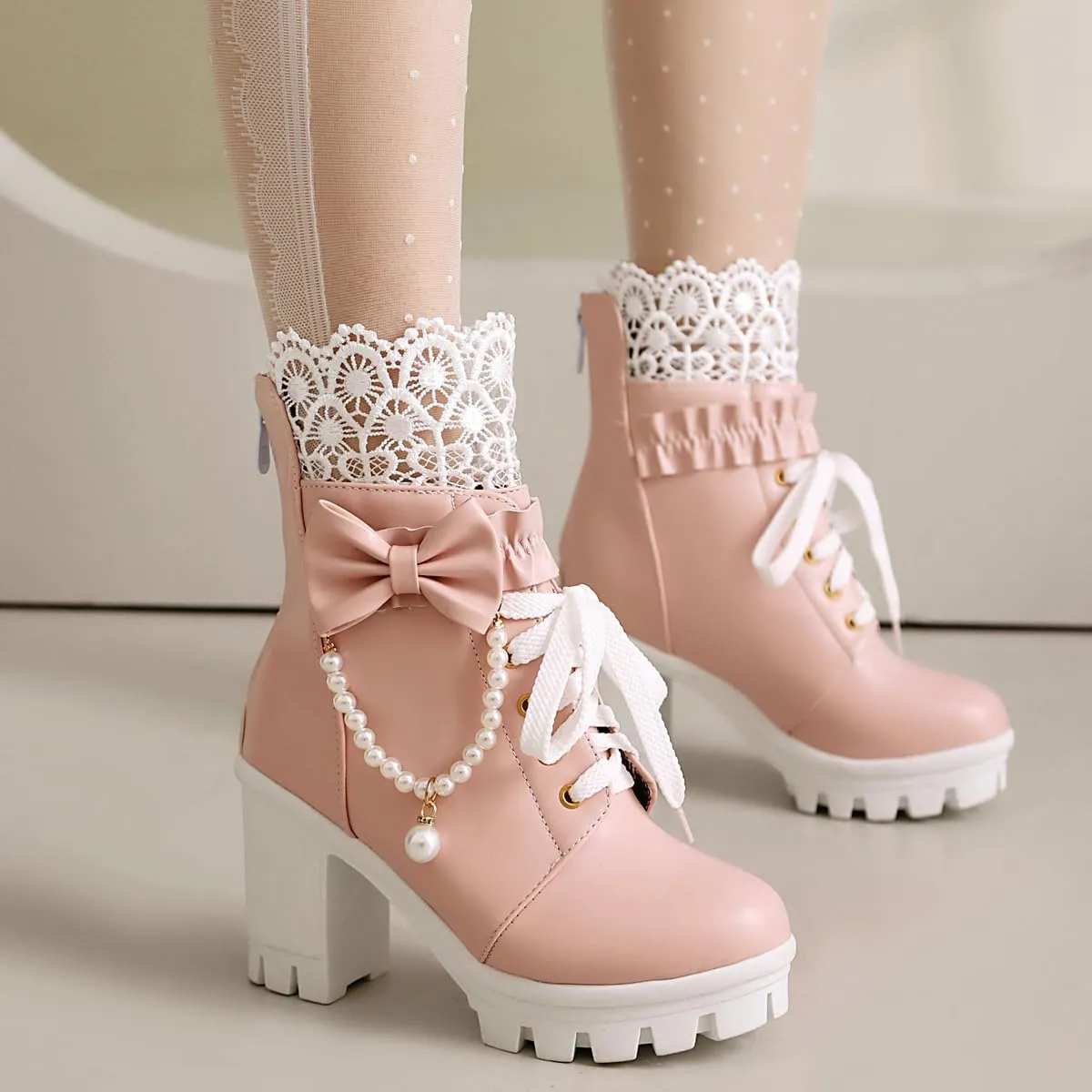 BEAUPAS Women's Platform Ankle Boots with Lace Pearl Chain Bow Chunky High Heel Goth Combat Boots