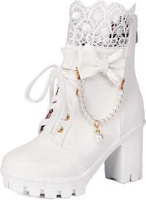 BEAUPAS Women's Platform Ankle Boots with Lace Pearl Chain Bow Chunky High Heel Goth Combat Boots