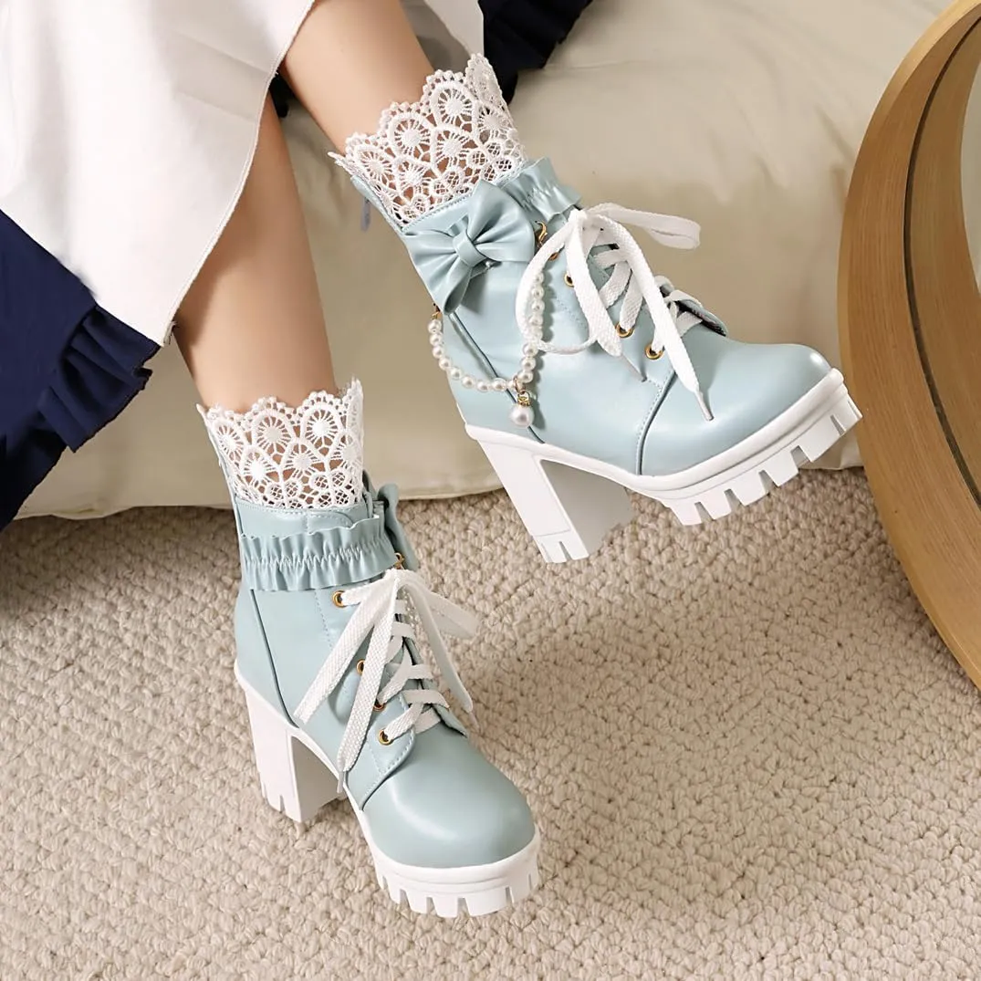 BEAUPAS Women's Platform Ankle Boots with Lace Pearl Chain Bow Chunky High Heel Goth Combat Boots
