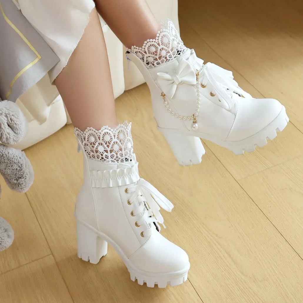 BEAUPAS Women's Platform Ankle Boots with Lace Pearl Chain Bow Chunky High Heel Goth Combat Boots
