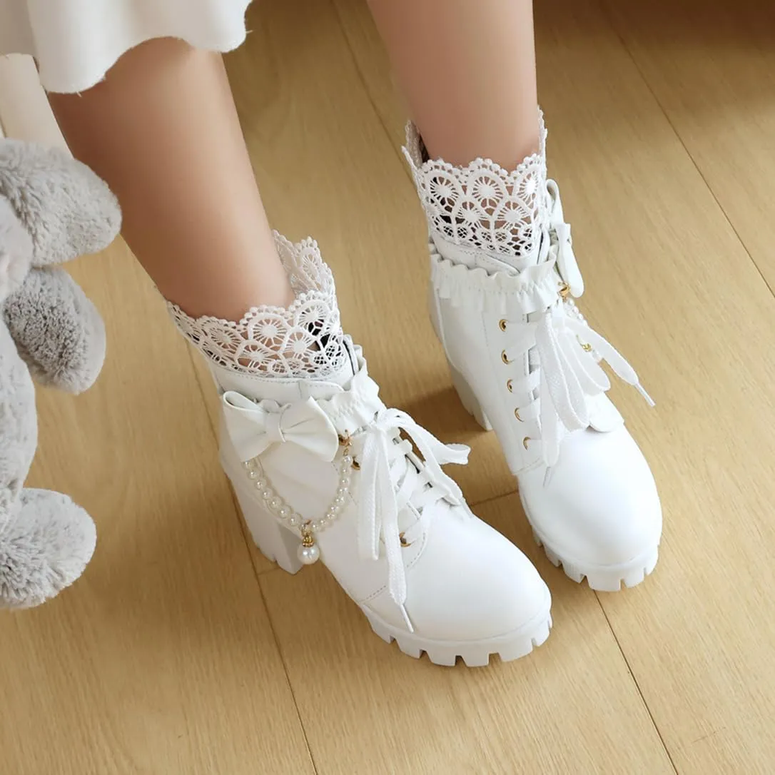 BEAUPAS Women's Platform Ankle Boots with Lace Pearl Chain Bow Chunky High Heel Goth Combat Boots