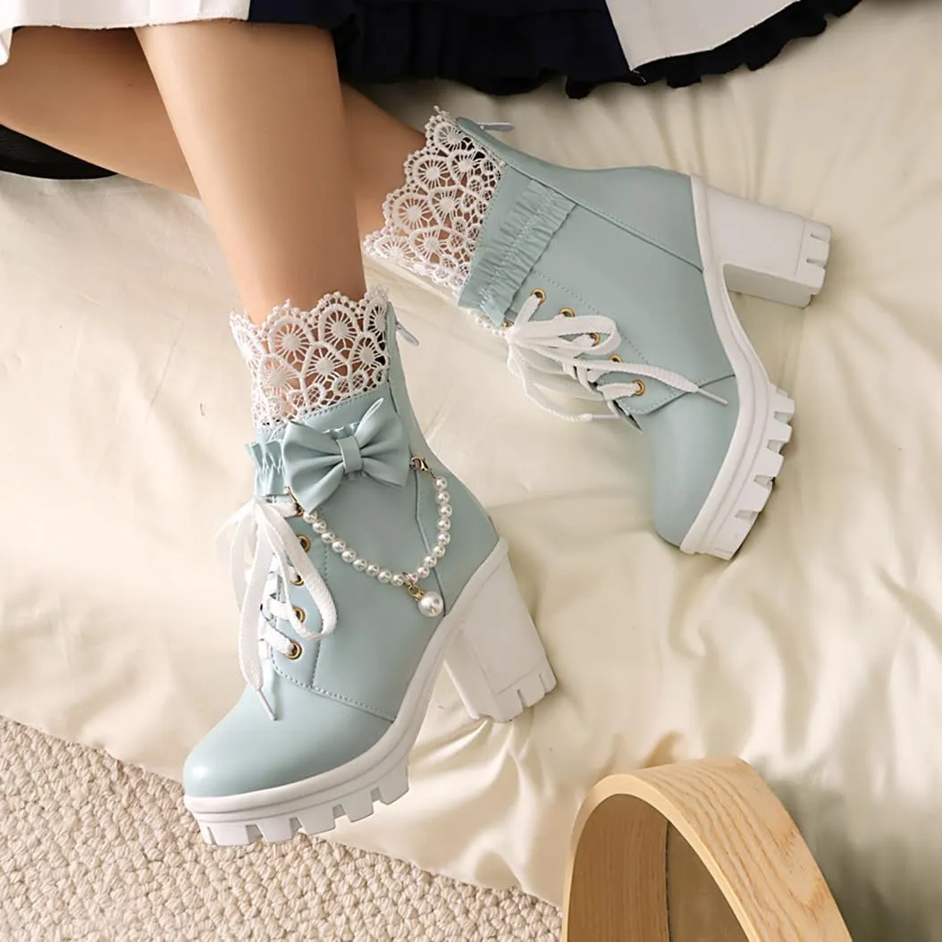 BEAUPAS Women's Platform Ankle Boots with Lace Pearl Chain Bow Chunky High Heel Goth Combat Boots
