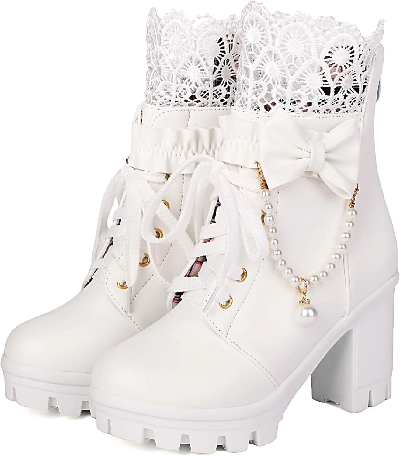 BEAUPAS Women's Platform Ankle Boots with Lace Pearl Chain Bow Chunky High Heel Goth Combat Boots