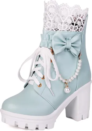 BEAUPAS Women's Platform Ankle Boots with Lace Pearl Chain Bow Chunky High Heel Goth Combat Boots