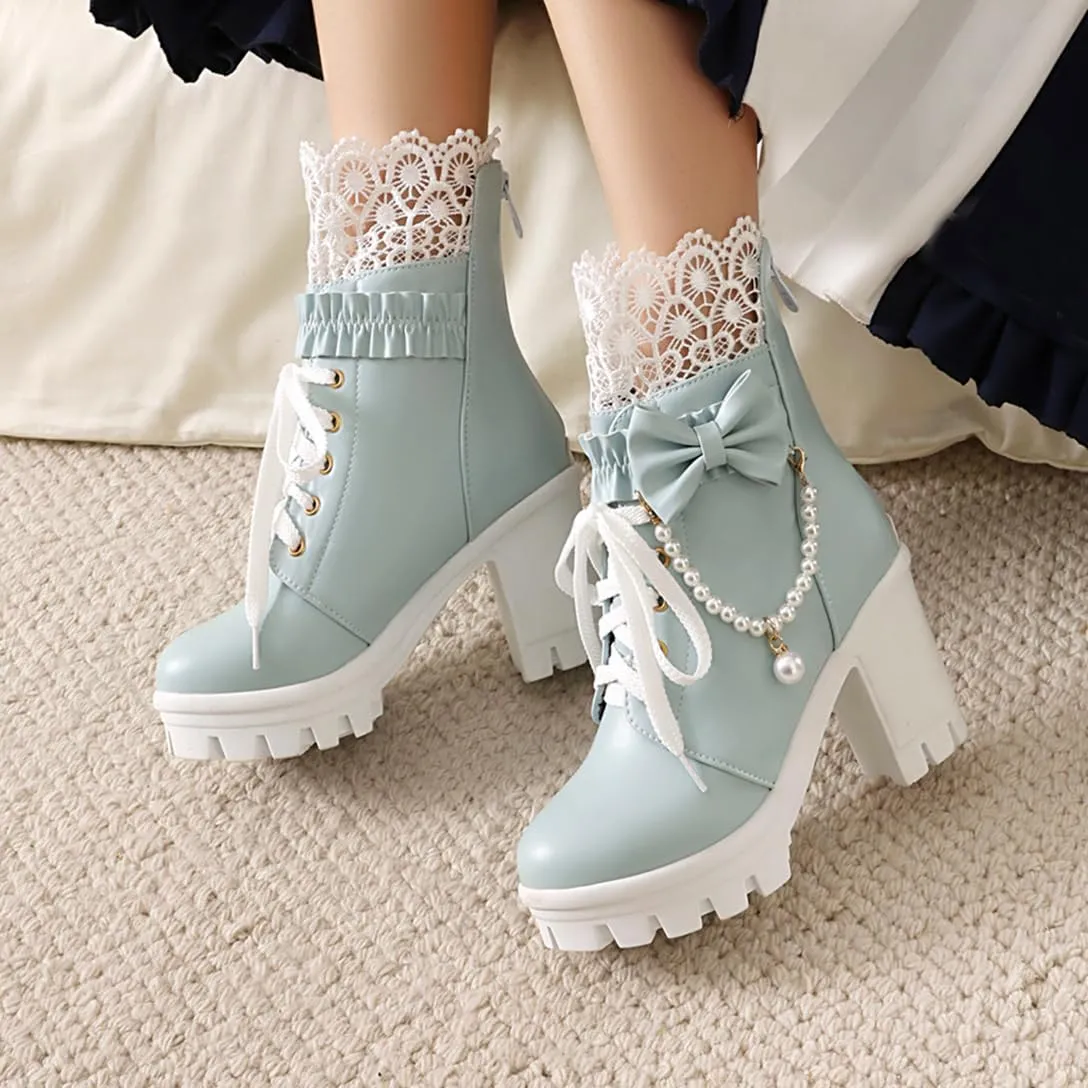 BEAUPAS Women's Platform Ankle Boots with Lace Pearl Chain Bow Chunky High Heel Goth Combat Boots