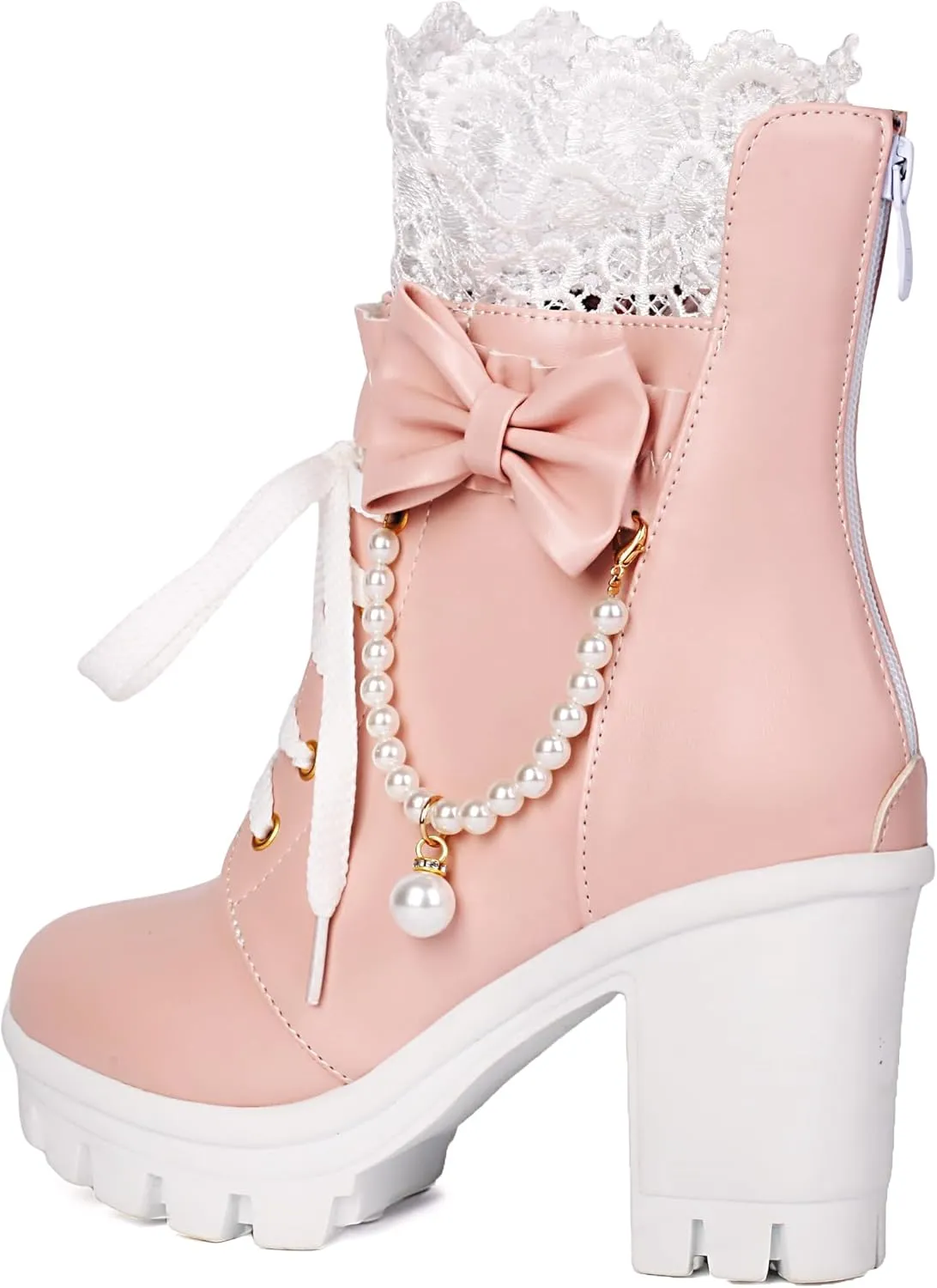 BEAUPAS Women's Platform Ankle Boots with Lace Pearl Chain Bow Chunky High Heel Goth Combat Boots
