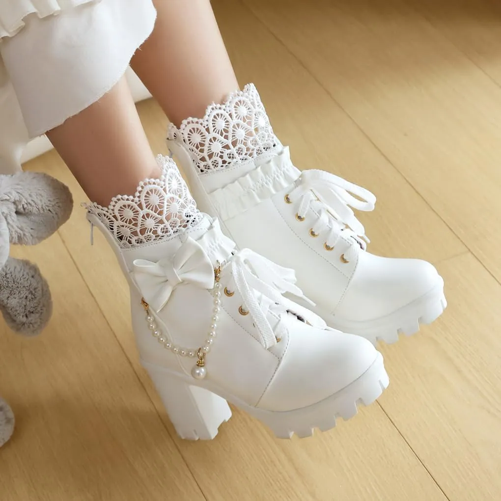 BEAUPAS Women's Platform Ankle Boots with Lace Pearl Chain Bow Chunky High Heel Goth Combat Boots