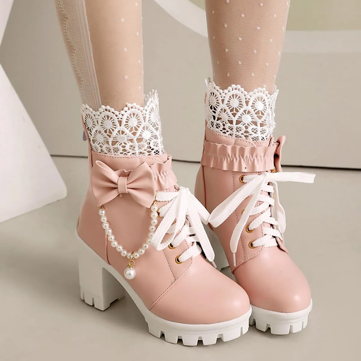 BEAUPAS Women's Platform Ankle Boots with Lace Pearl Chain Bow Chunky High Heel Goth Combat Boots