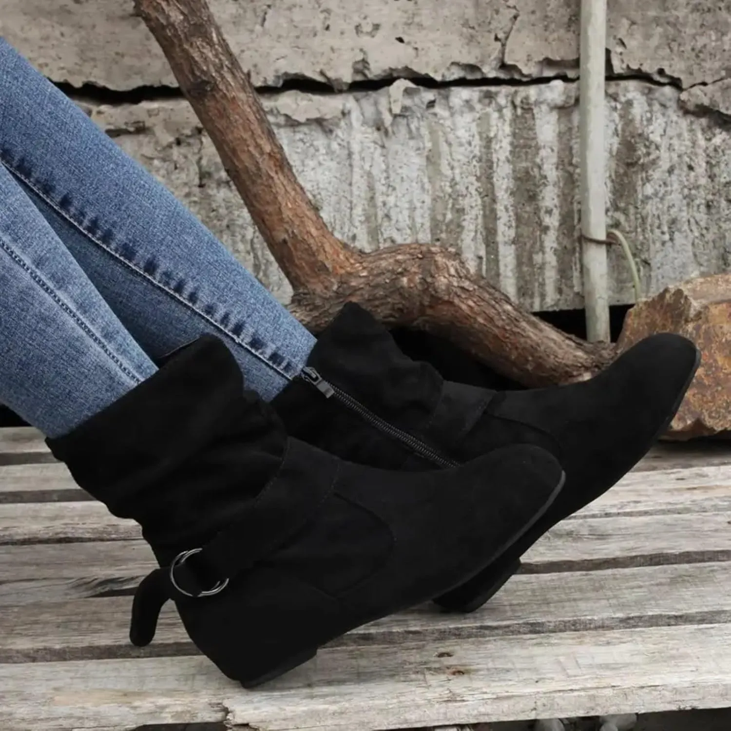 Boots for Women No Heels Side Zipper Boots Slouchy Round Toe Mid Calf Fashion Shoes Slip On Flats Casual Fall Winter Booties