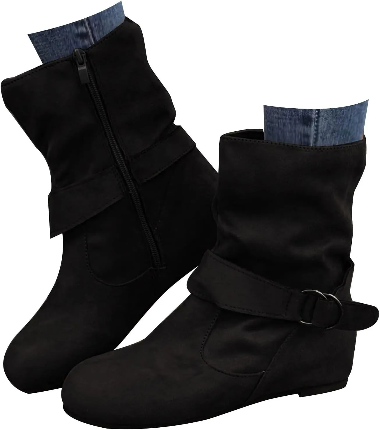 Boots for Women No Heels Side Zipper Boots Slouchy Round Toe Mid Calf Fashion Shoes Slip On Flats Casual Fall Winter Booties