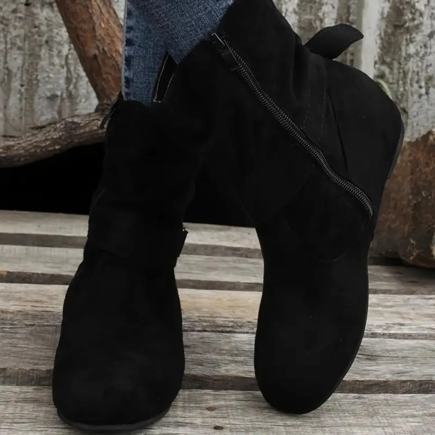 Boots for Women No Heels Side Zipper Boots Slouchy Round Toe Mid Calf Fashion Shoes Slip On Flats Casual Fall Winter Booties