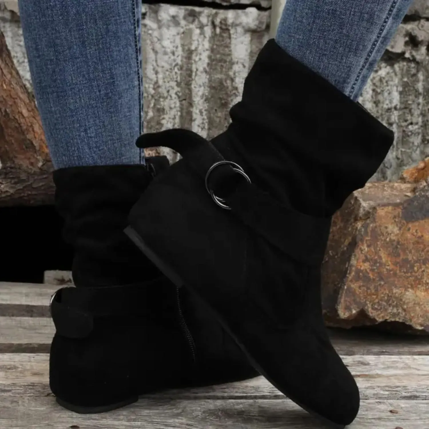 Boots for Women No Heels Side Zipper Boots Slouchy Round Toe Mid Calf Fashion Shoes Slip On Flats Casual Fall Winter Booties