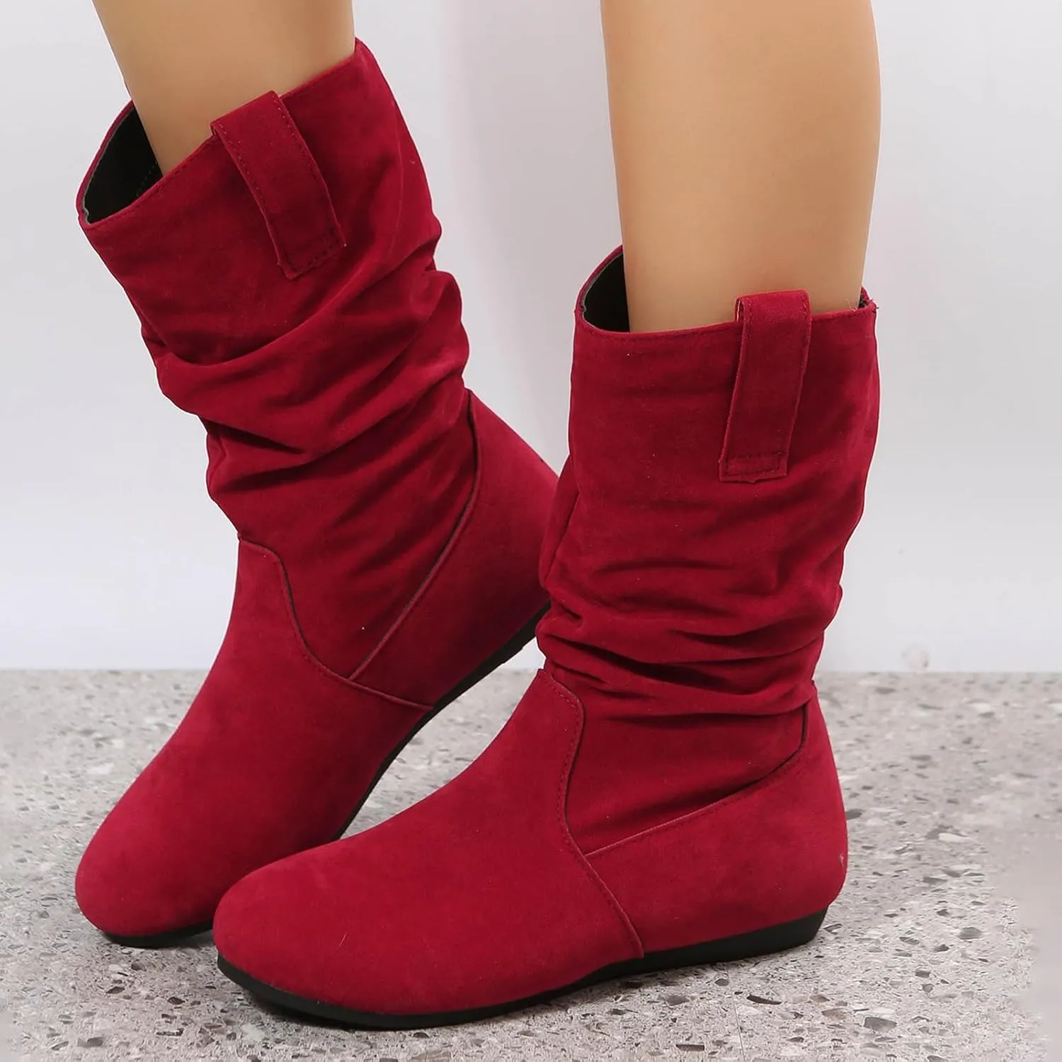 Cowboy boots for women Round Toe Suede Flat Mid Calf Boots Solid Color Simple Lightweight Boots Women Wide Calf Ankle Boot