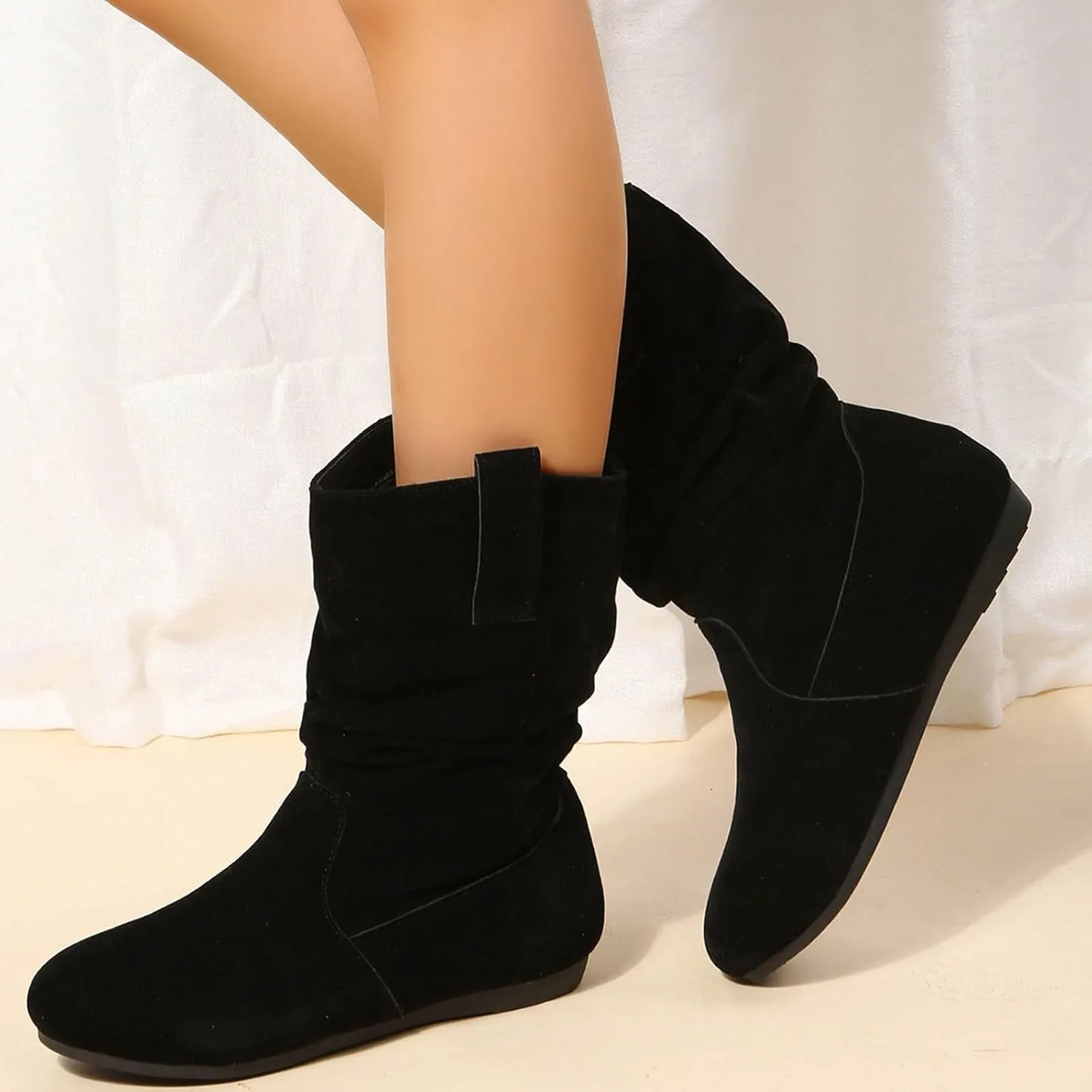 Cowboy boots for women Round Toe Suede Flat Mid Calf Boots Solid Color Simple Lightweight Boots Women Wide Calf Ankle Boot
