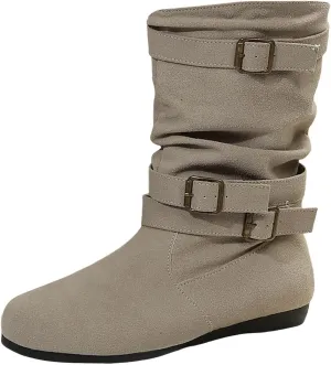 Cowboy boots for women Round Toe Suede Flat Mid Calf Boots Solid Color Simple Lightweight Boots Women Wide Calf Ankle Boot