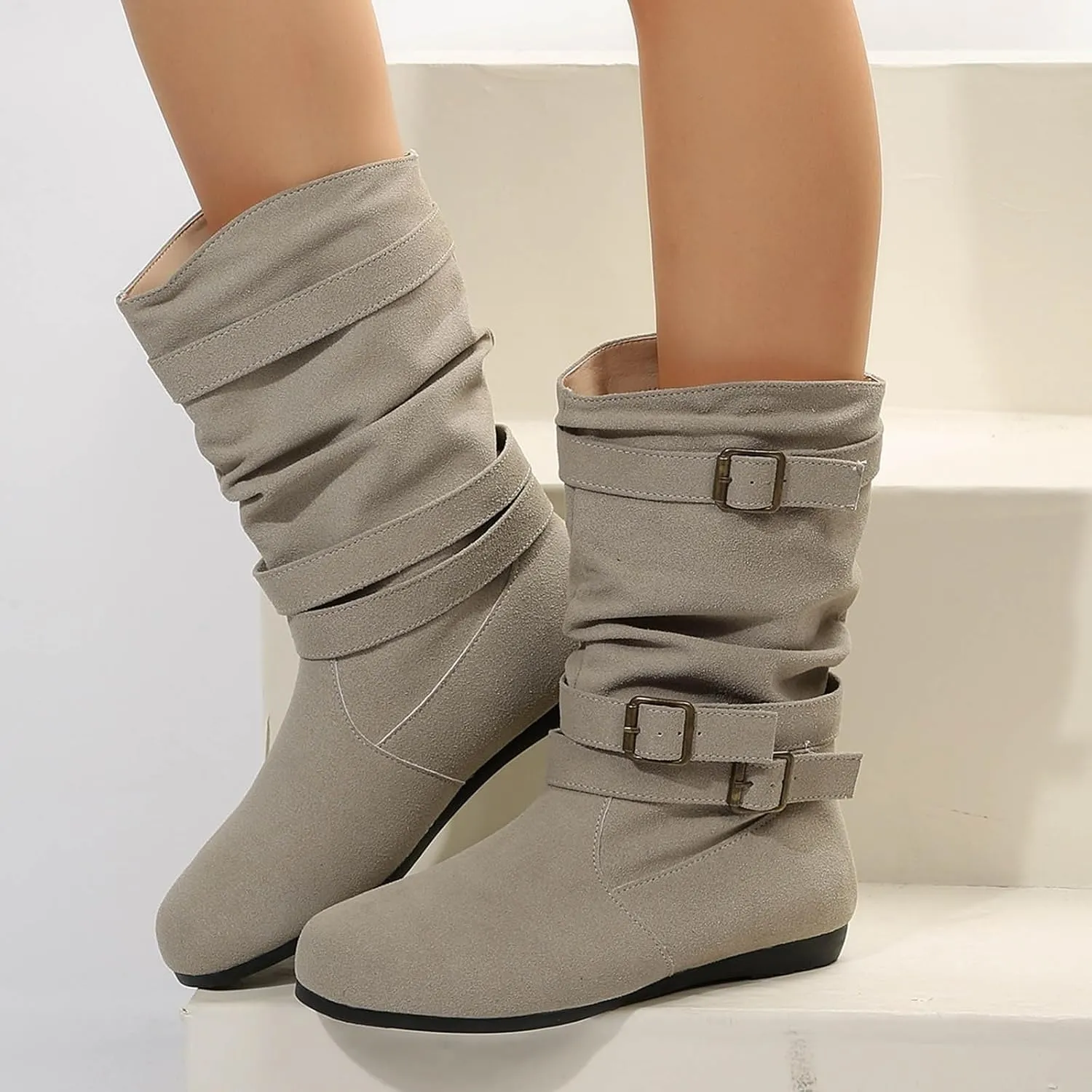 Cowboy boots for women Round Toe Suede Flat Mid Calf Boots Solid Color Simple Lightweight Boots Women Wide Calf Ankle Boot