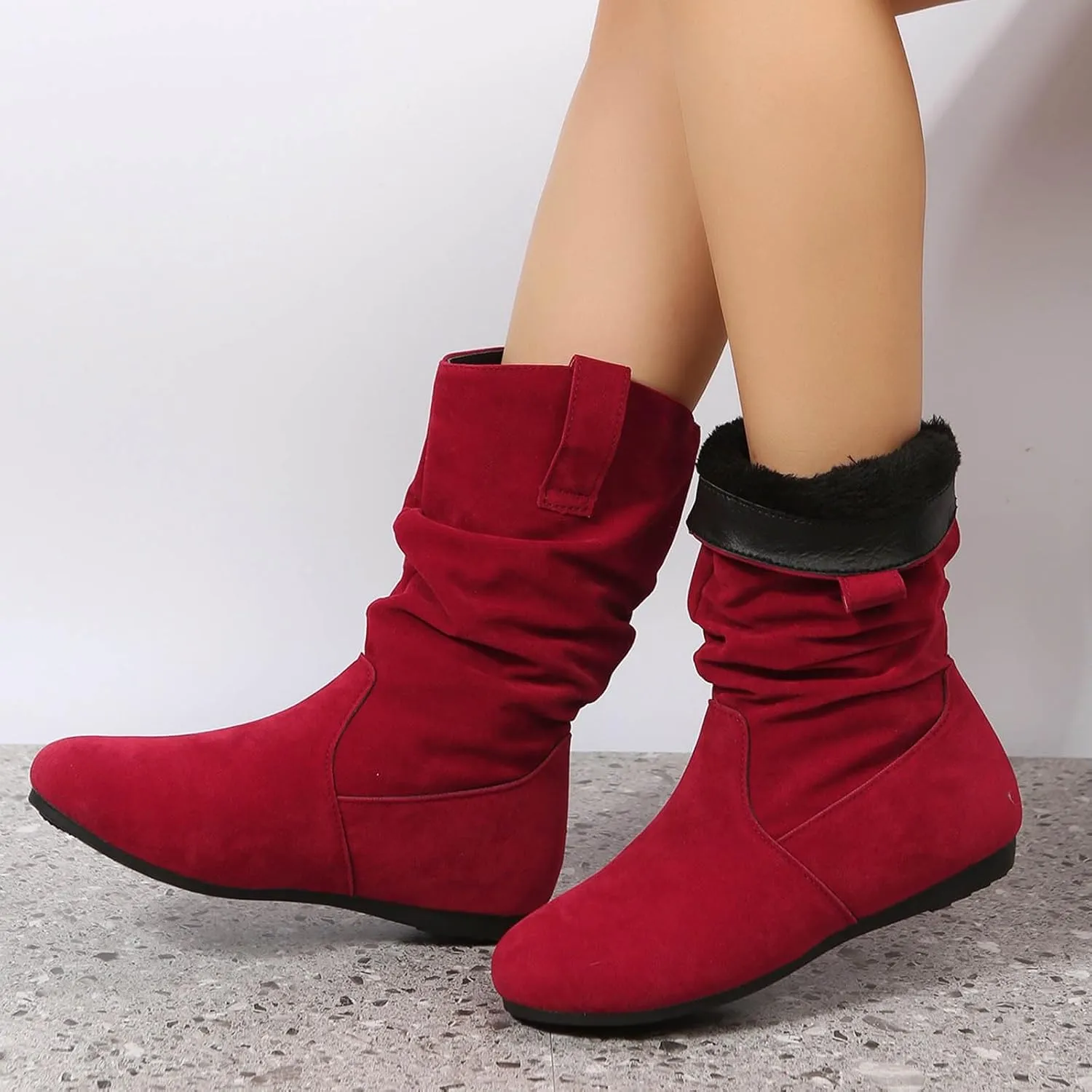 Cowboy boots for women Round Toe Suede Flat Mid Calf Boots Solid Color Simple Lightweight Boots Women Wide Calf Ankle Boot