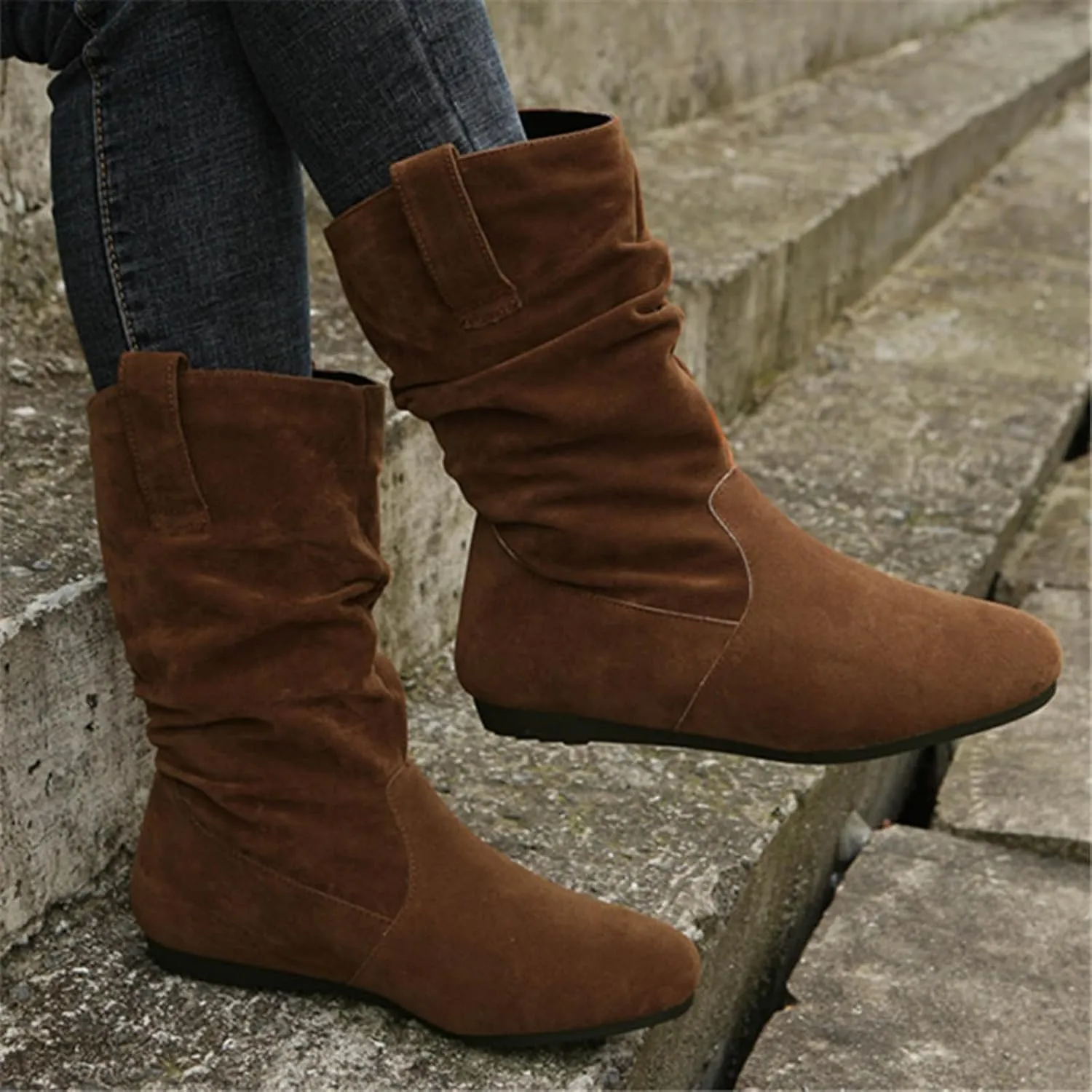 Cowboy boots for women Round Toe Suede Flat Mid Calf Boots Solid Color Simple Lightweight Boots Women Wide Calf Ankle Boot