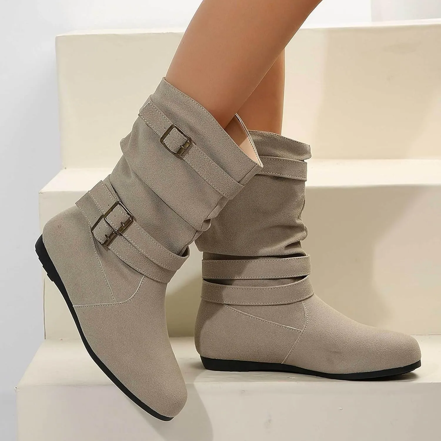 Cowboy boots for women Round Toe Suede Flat Mid Calf Boots Solid Color Simple Lightweight Boots Women Wide Calf Ankle Boot