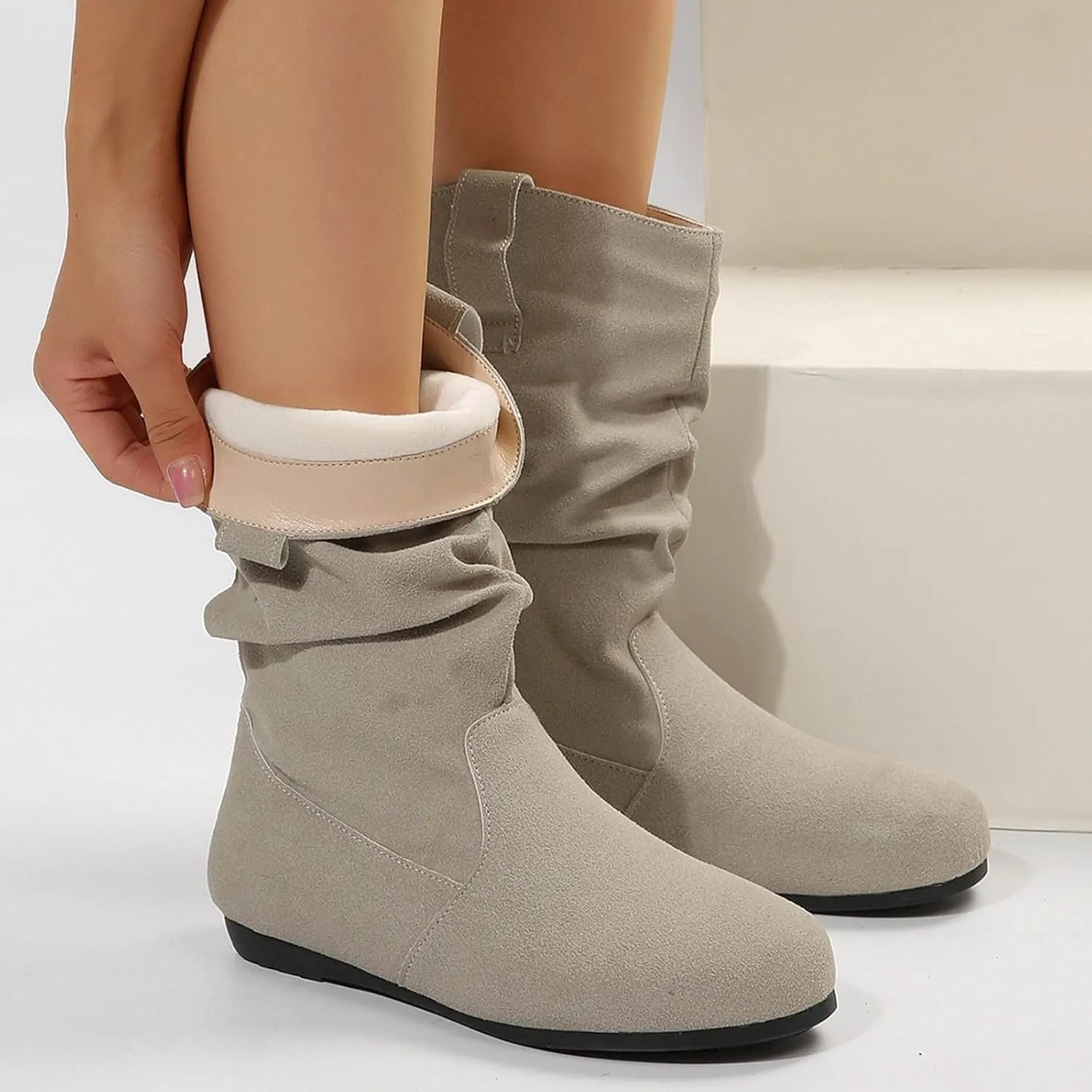 Cowboy boots for women Round Toe Suede Flat Mid Calf Boots Solid Color Simple Lightweight Boots Women Wide Calf Ankle Boot