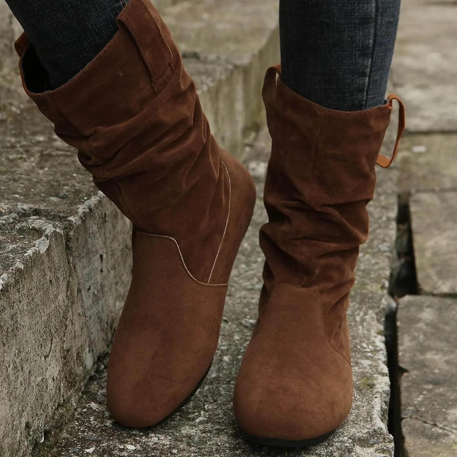 Cowboy boots for women Round Toe Suede Flat Mid Calf Boots Solid Color Simple Lightweight Boots Women Wide Calf Ankle Boot