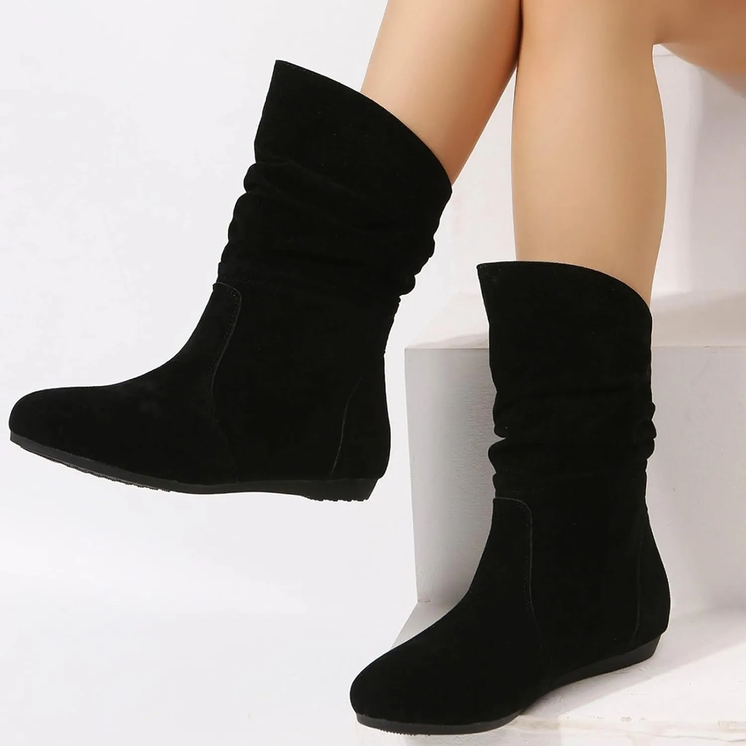 Cowboy boots for women Round Toe Suede Flat Mid Calf Boots Solid Color Simple Lightweight Boots Women Wide Calf Ankle Boot