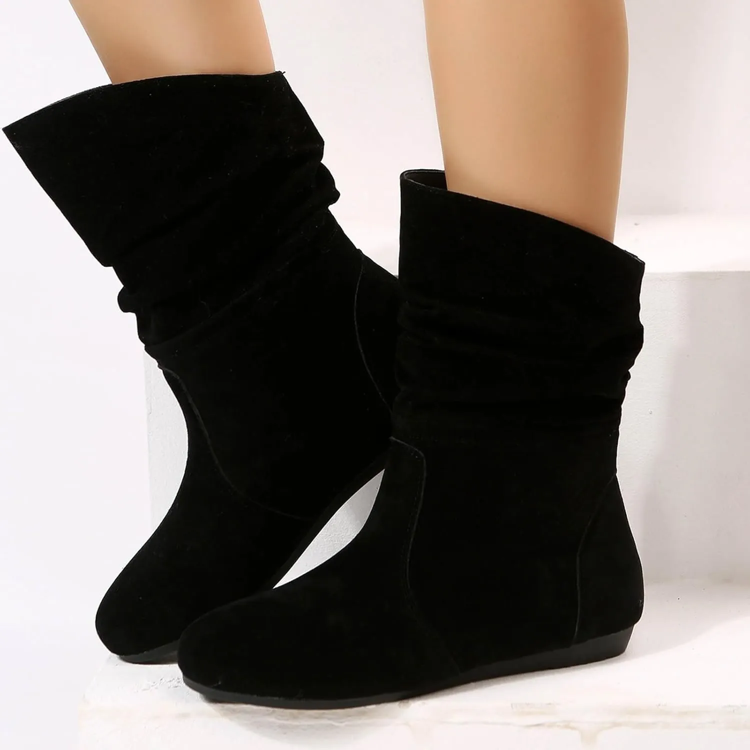 Cowboy boots for women Round Toe Suede Flat Mid Calf Boots Solid Color Simple Lightweight Boots Women Wide Calf Ankle Boot