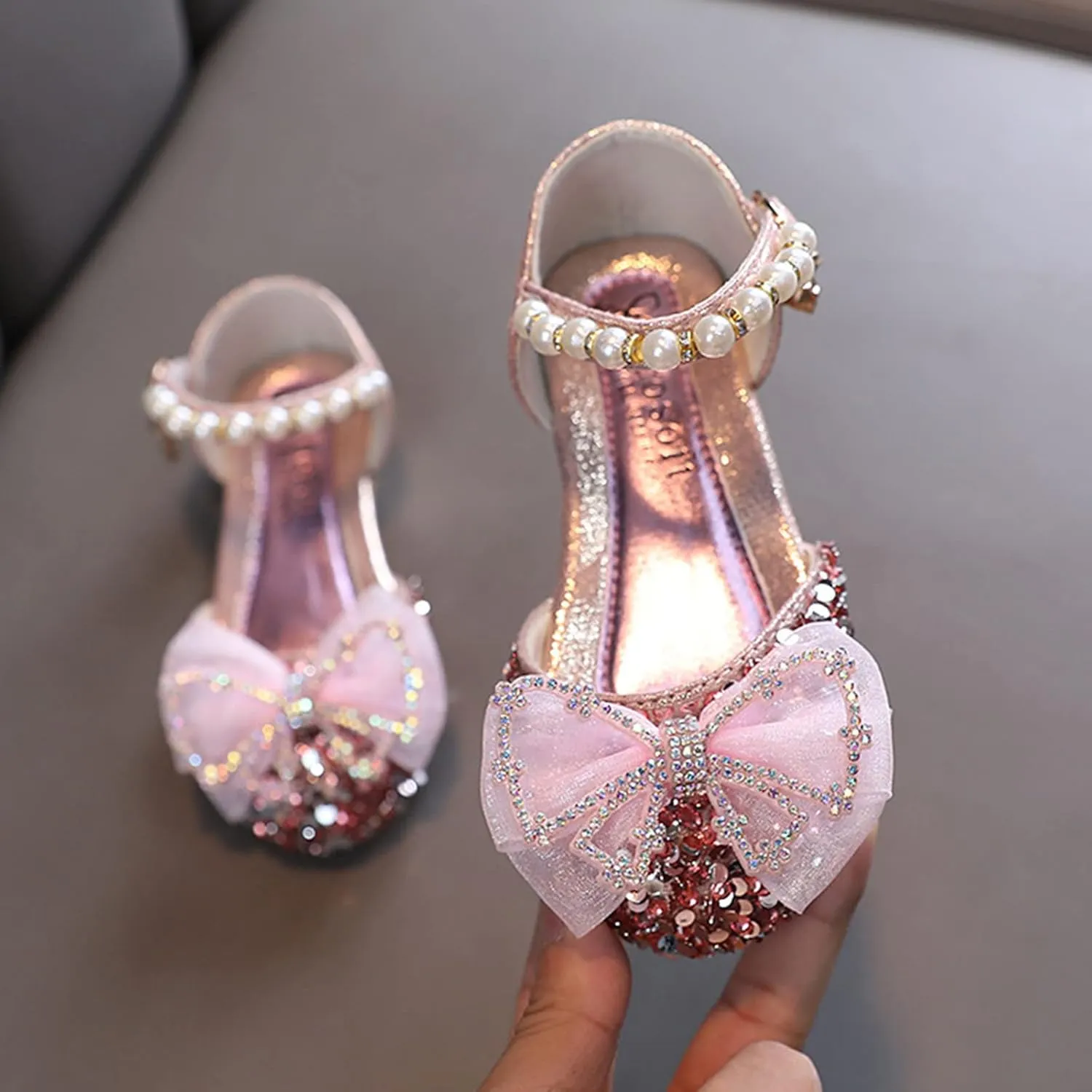 EnJoCho Baby Soft Shoes Fashion Summer Girls Dress Performance Dance Shoes Flat Light Sequins Pearl Mesh Bow Buckle