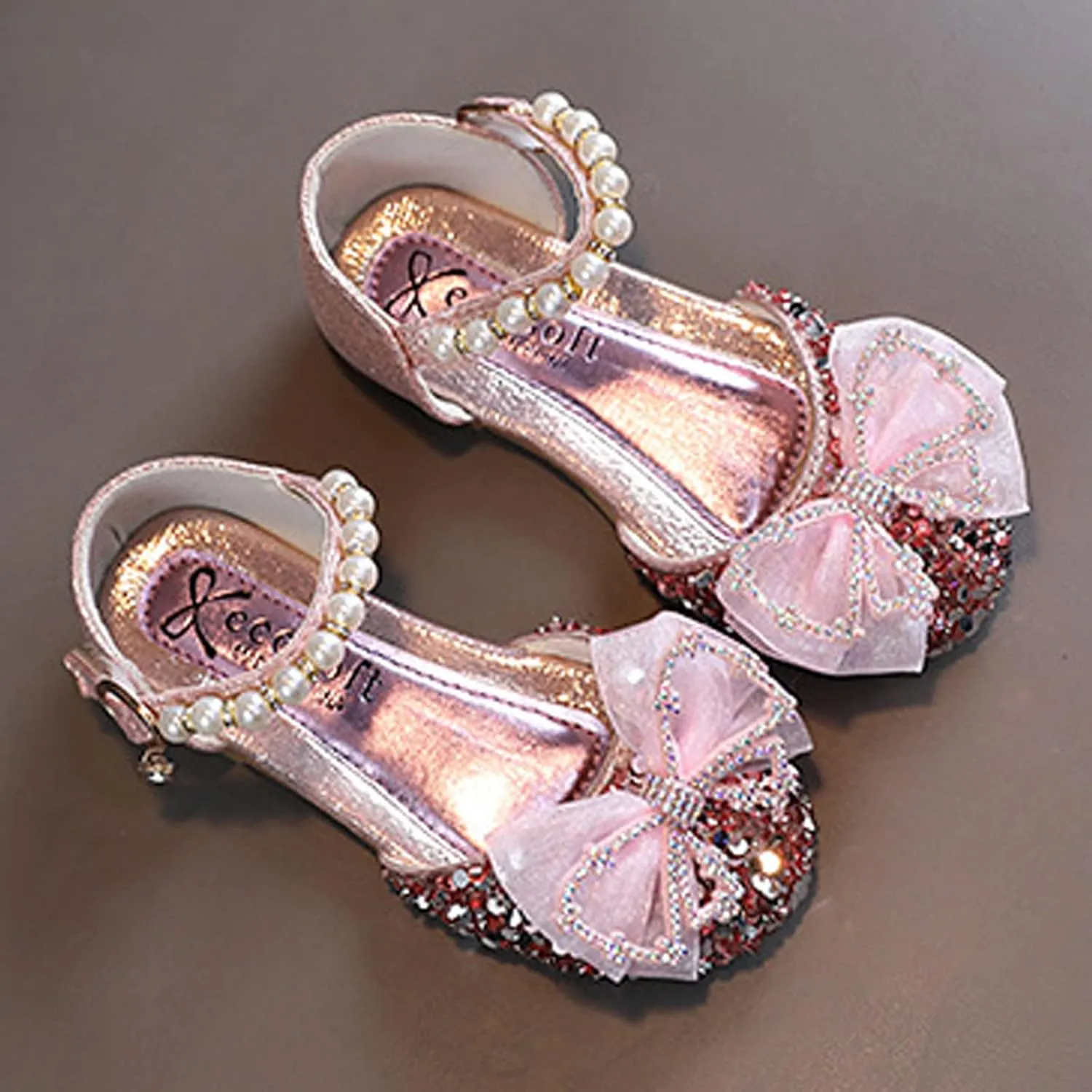 EnJoCho Baby Soft Shoes Fashion Summer Girls Dress Performance Dance Shoes Flat Light Sequins Pearl Mesh Bow Buckle