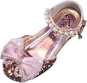 EnJoCho Baby Soft Shoes Fashion Summer Girls Dress Performance Dance Shoes Flat Light Sequins Pearl Mesh Bow Buckle