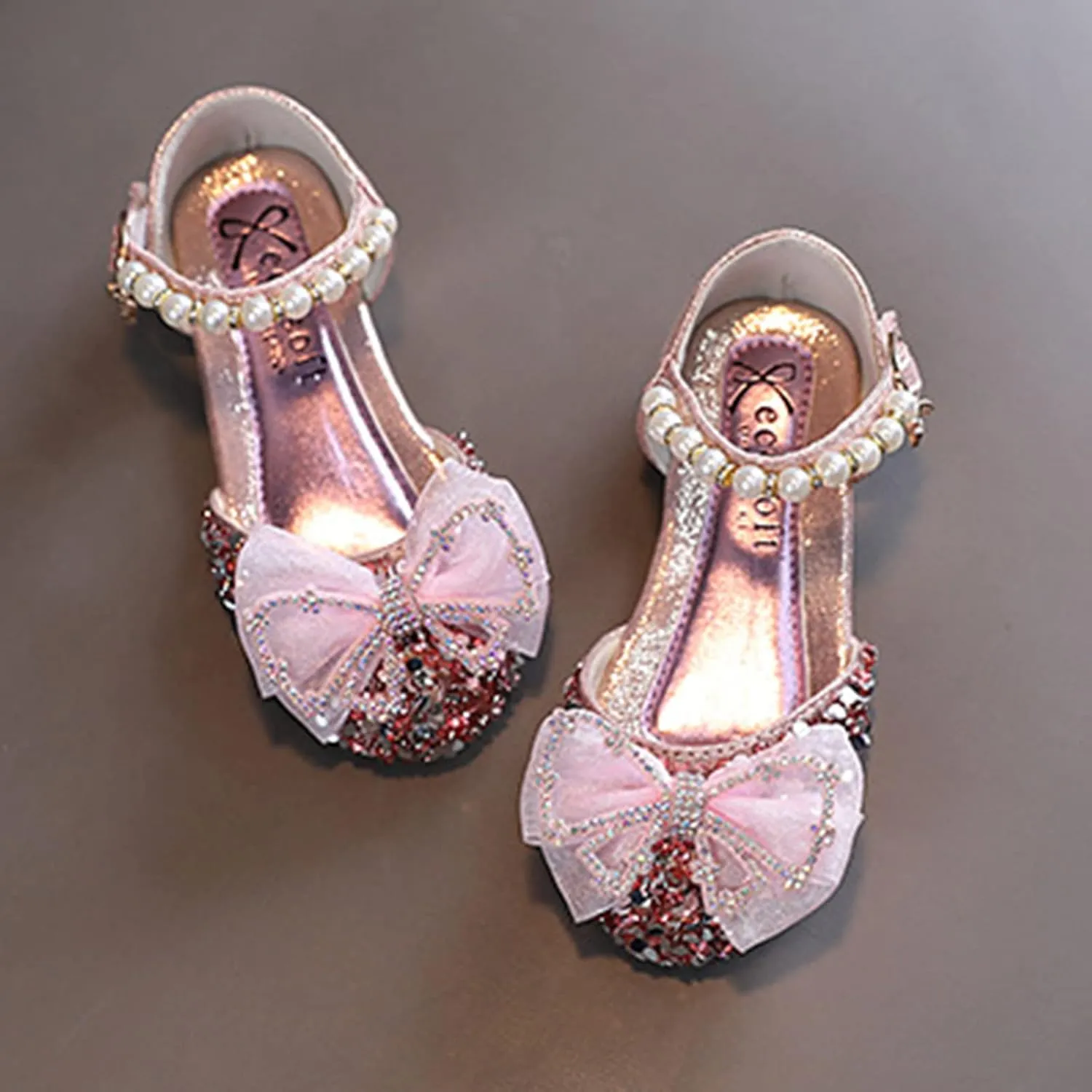 EnJoCho Baby Soft Shoes Fashion Summer Girls Dress Performance Dance Shoes Flat Light Sequins Pearl Mesh Bow Buckle