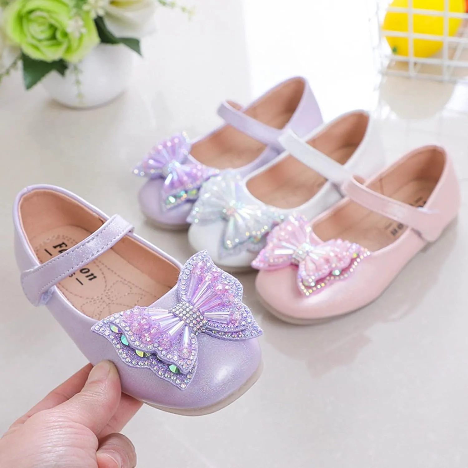EnJoCho Toddler First Walking Shoes Children Shoes Flat Sandals Students Dance Performance Shoes Sequin Bow Princess