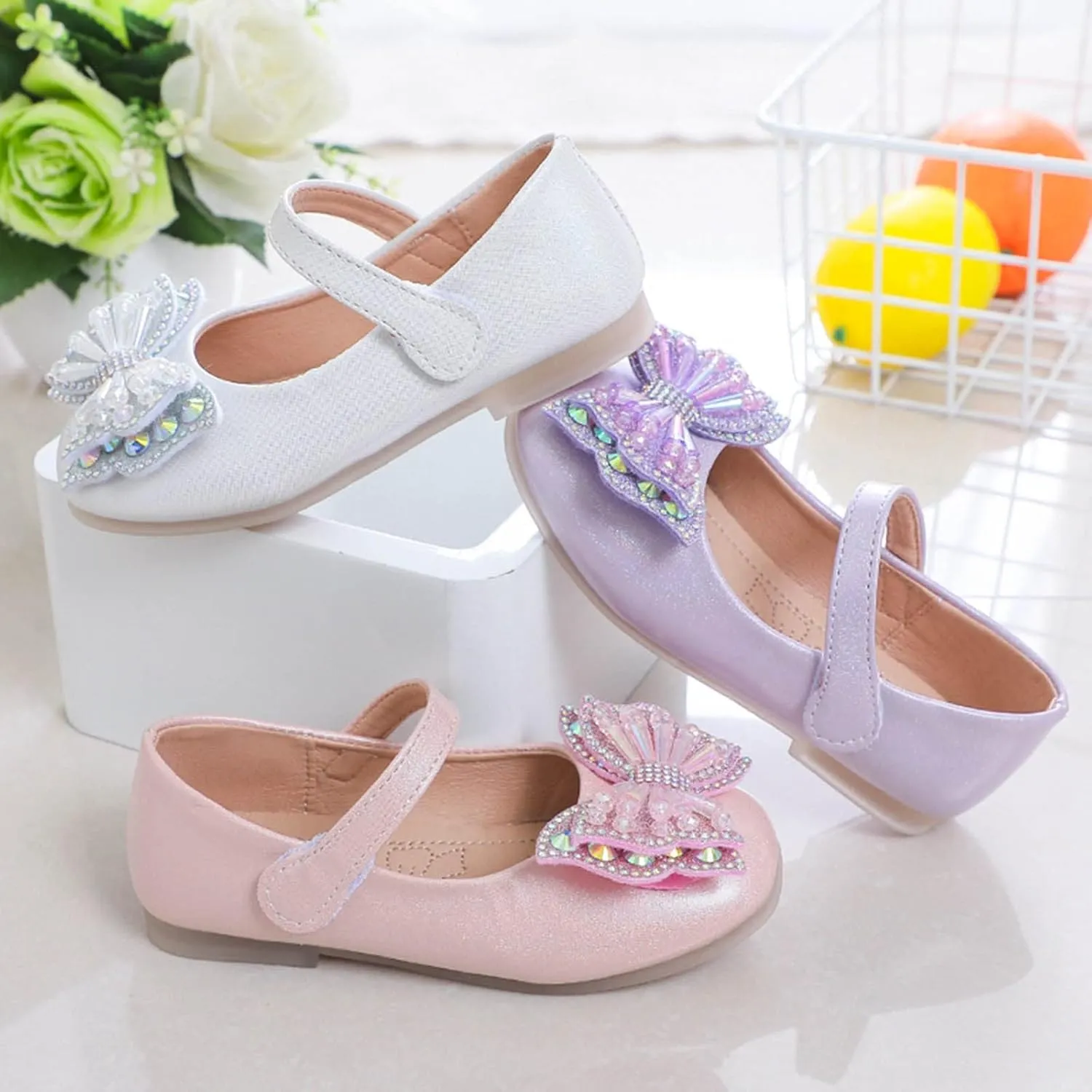 EnJoCho Toddler First Walking Shoes Children Shoes Flat Sandals Students Dance Performance Shoes Sequin Bow Princess