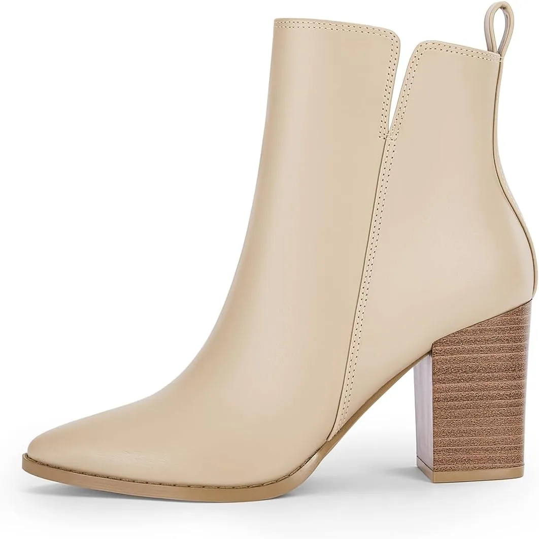 FOWT Women Pointed Toe Side Zipper Ankle Boots Stacked Block High Heel Booties Warm Winter Dressy Outdoor Travel Shoes Size 4-16 US