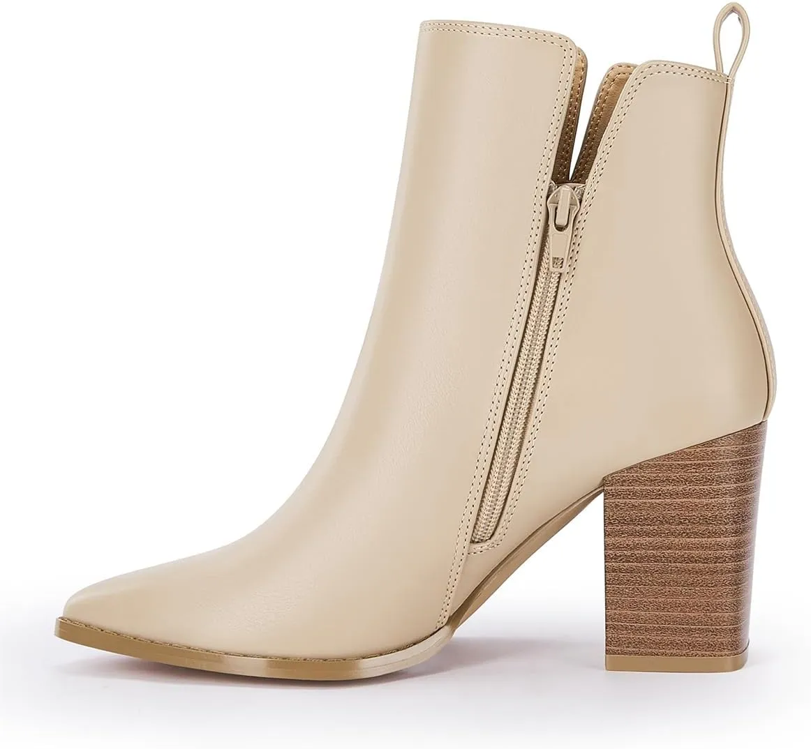 FOWT Women Pointed Toe Side Zipper Ankle Boots Stacked Block High Heel Booties Warm Winter Dressy Outdoor Travel Shoes Size 4-16 US