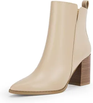 FOWT Women Pointed Toe Side Zipper Ankle Boots Stacked Block High Heel Booties Warm Winter Dressy Outdoor Travel Shoes Size 4-16 US
