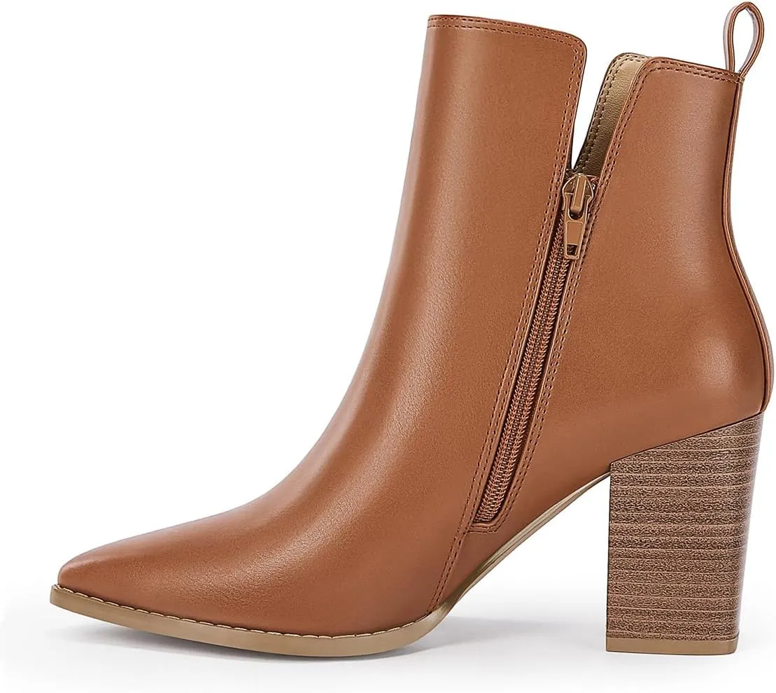 FOWT Women Pointed Toe Side Zipper Ankle Boots Stacked Block High Heel Booties Warm Winter Dressy Outdoor Travel Shoes Size 4-16 US