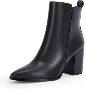 FOWT Women Pointed Toe Side Zipper Ankle Boots Stacked Block High Heel Booties Warm Winter Dressy Outdoor Travel Shoes Size 4-16 US