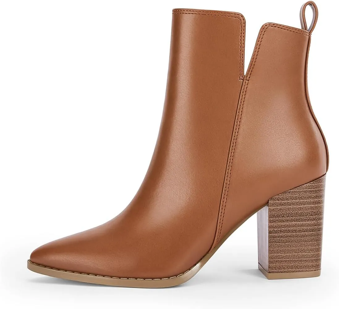 FOWT Women Pointed Toe Side Zipper Ankle Boots Stacked Block High Heel Booties Warm Winter Dressy Outdoor Travel Shoes Size 4-16 US