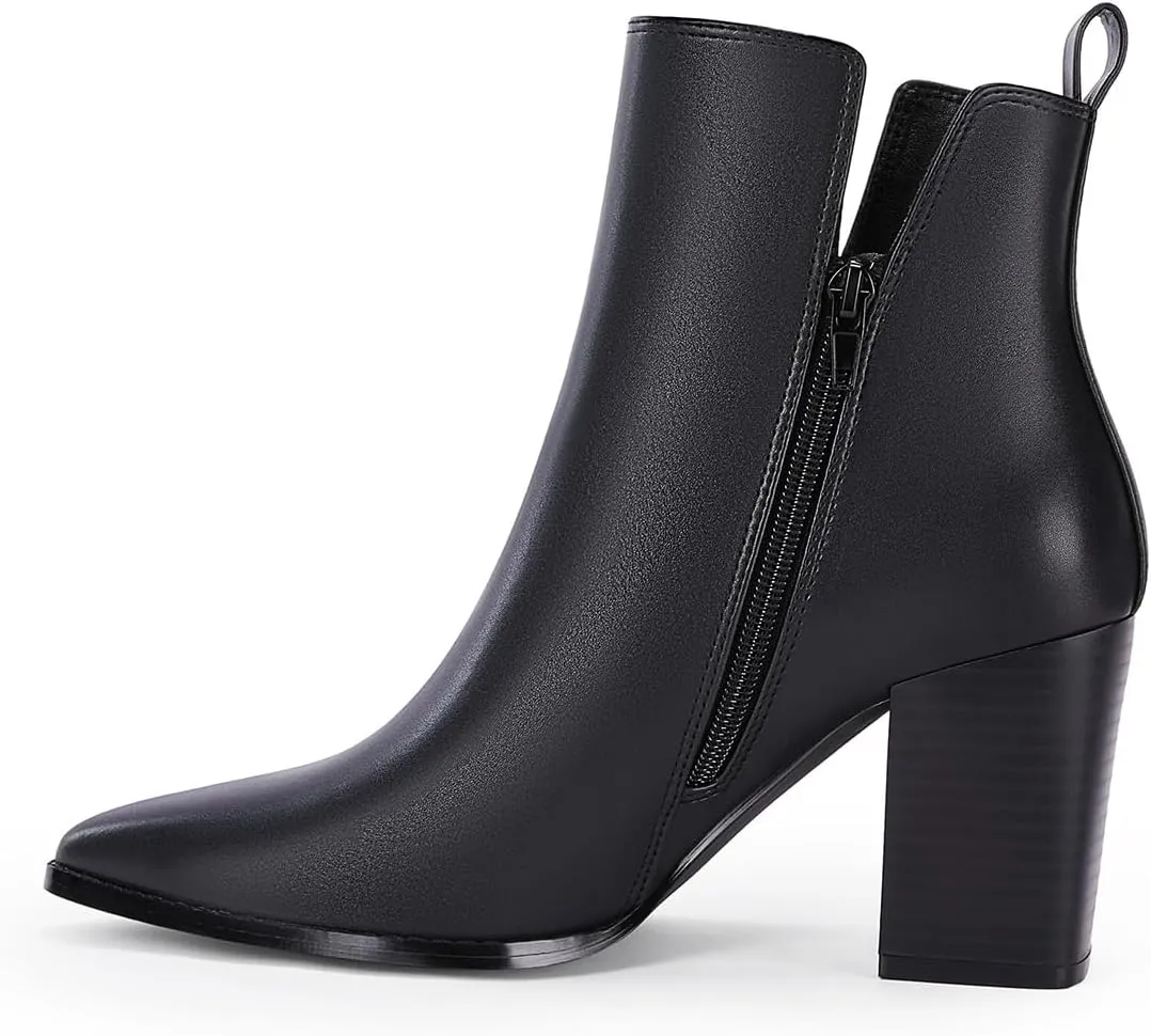 FOWT Women Pointed Toe Side Zipper Ankle Boots Stacked Block High Heel Booties Warm Winter Dressy Outdoor Travel Shoes Size 4-16 US